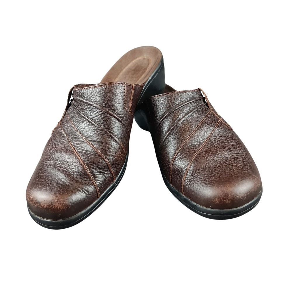 Clarks Brown Leather Comfort Clogs Mules Slip‎ On Shoes Size 9M